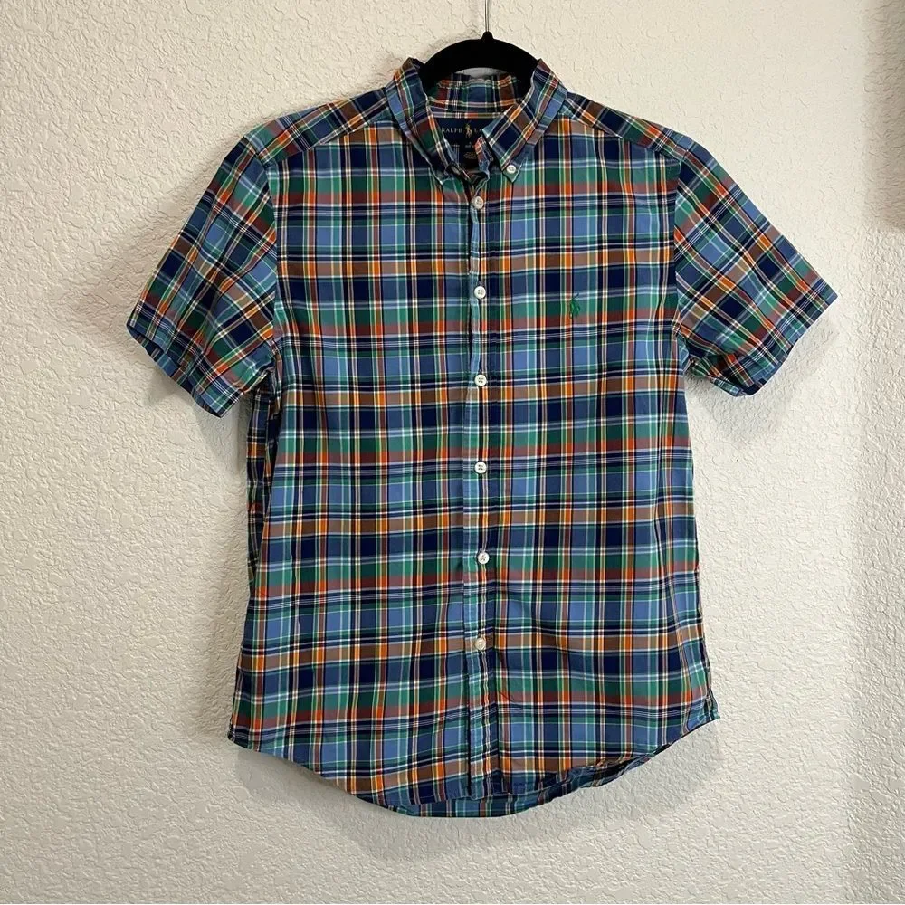Ralph Lauren Plaid Blue Orange Green Button Up Short Sleeve Shirt Boys Youth L
